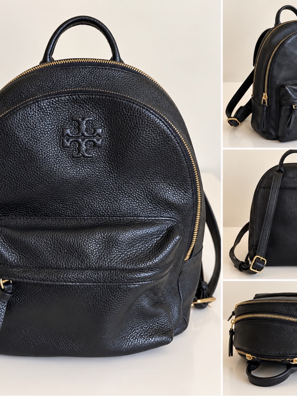 Tory Burch Black Pebbled Leather Mini Backpack with Gold Hardware